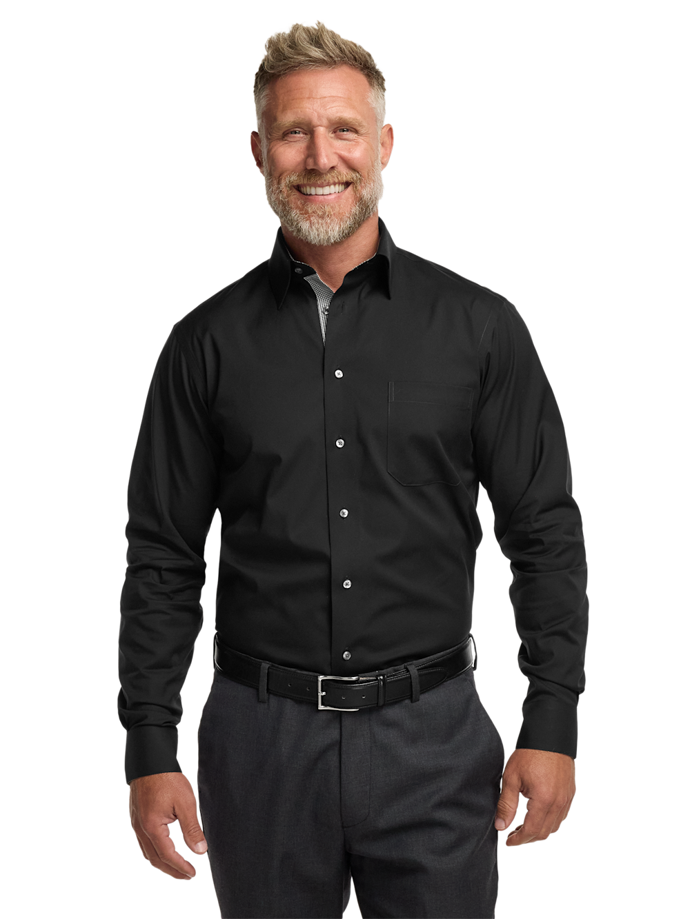 Alternate Shot of Men's Black Solid Shirts Trim Inside Neckband  Inside Cuffs  Button Side Of Placket - 1