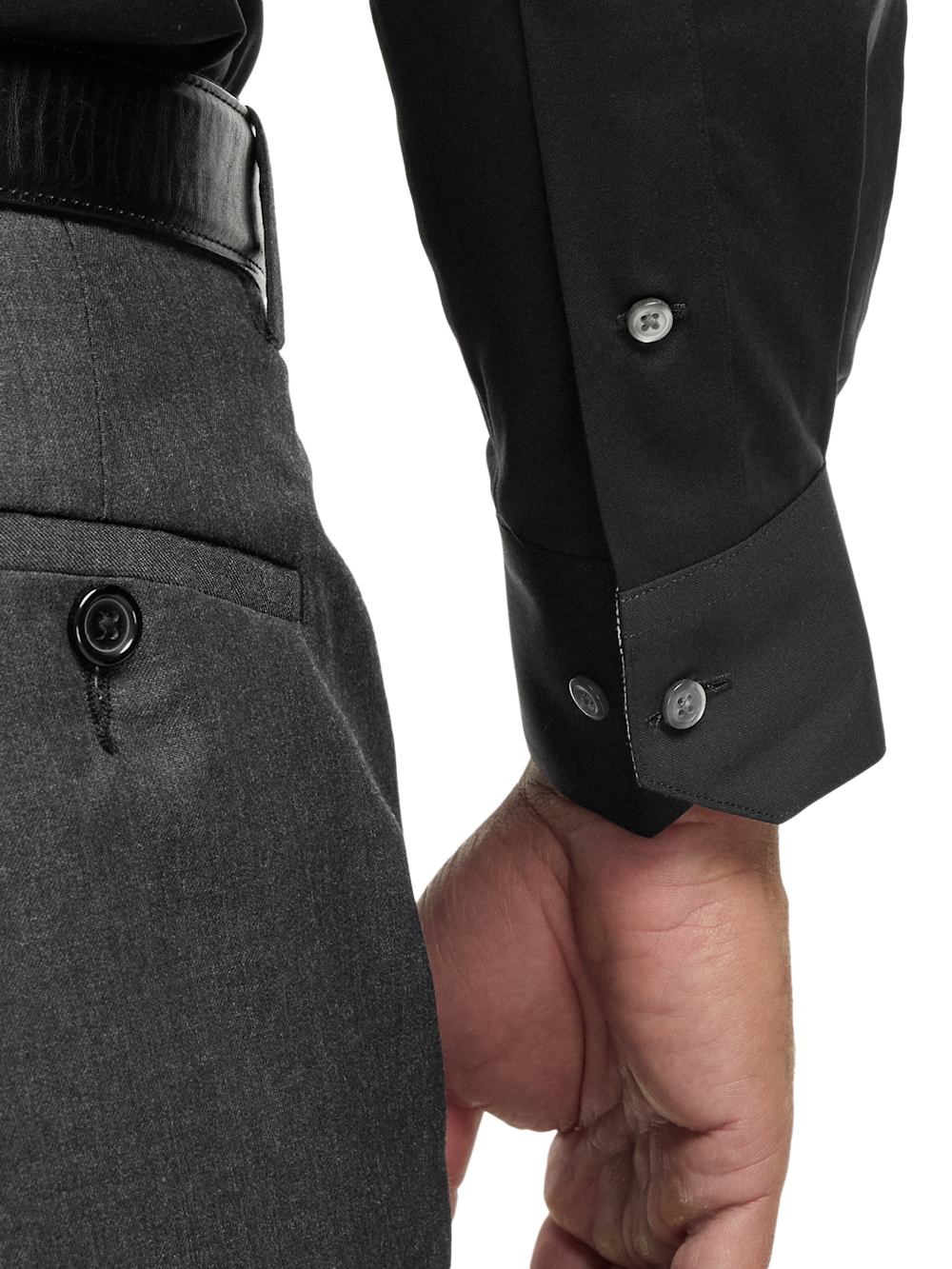 Alternate Shot of Men's Black Solid Shirts Trim Inside Neckband  Inside Cuffs  Button Side Of Placket - 3