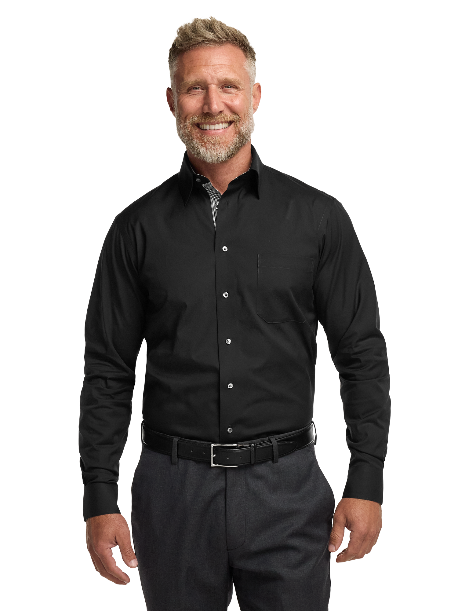 Comfort Stretch Non-Iron Solid Dress Shirt With Contrast Trim - Black