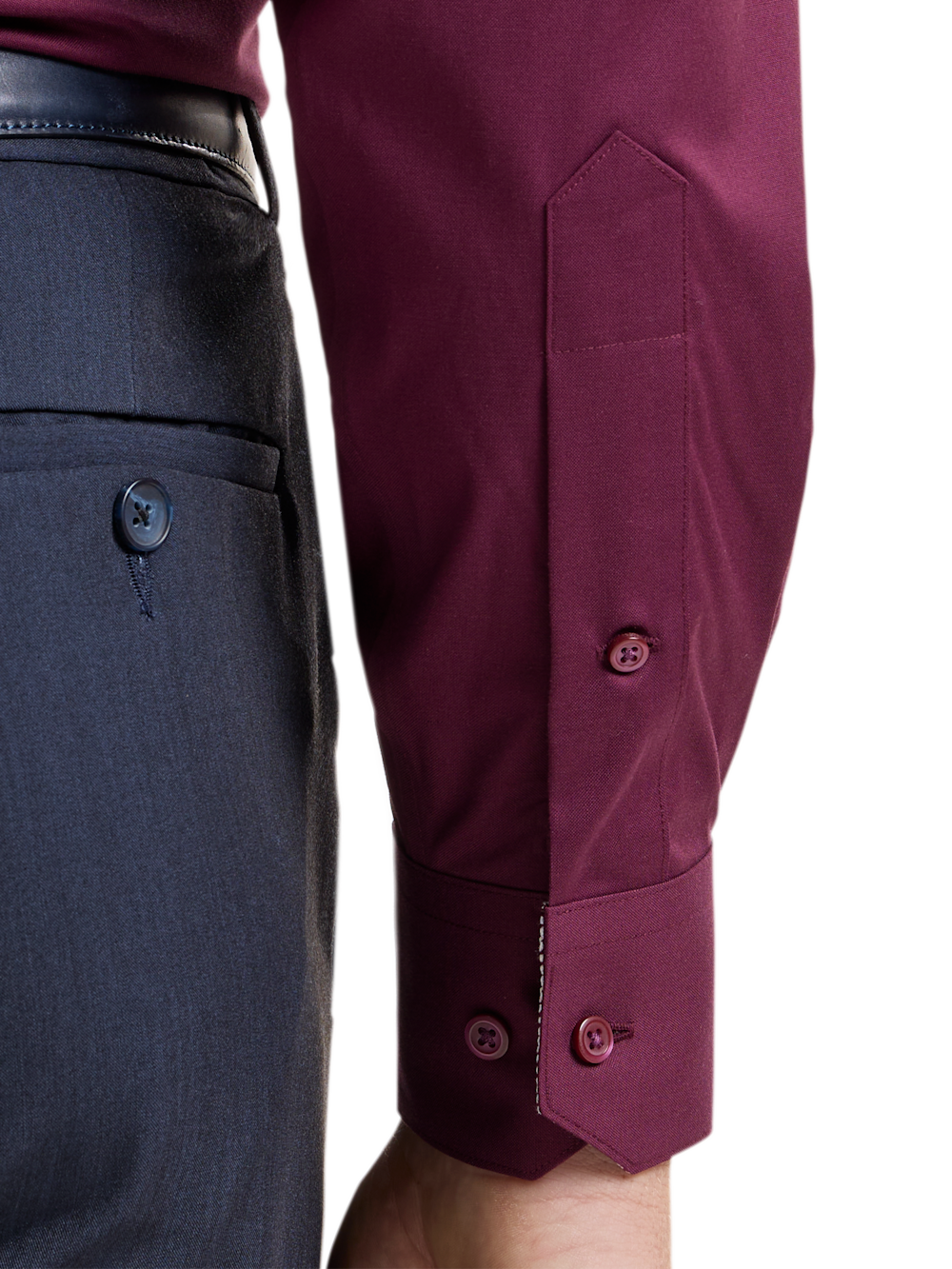 Alternate Shot of Men's Burgundy Solid Shirts Trim Inside Neckband  Inside Cuffs  Button Side Of Placket - 3