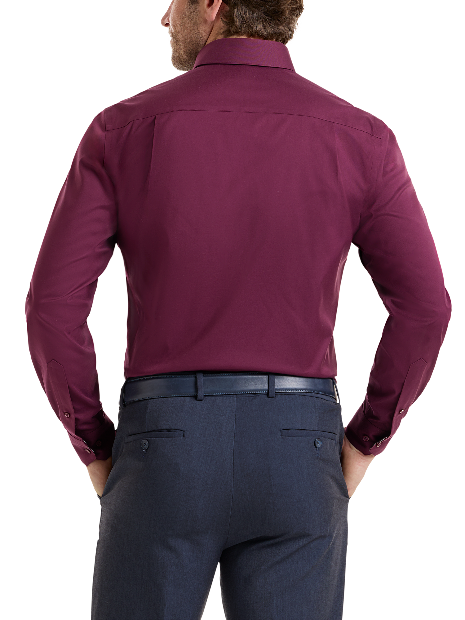 Comfort Stretch Non-Iron Solid Dress Shirt With Contrast Trim - Burgundy