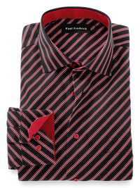 Non-Iron Cotton Stripe Dress Shirt With Contrast Trim - Black/red