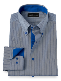 Non-Iron Cotton Stripe Dress Shirt With Contrast Trim - Blue