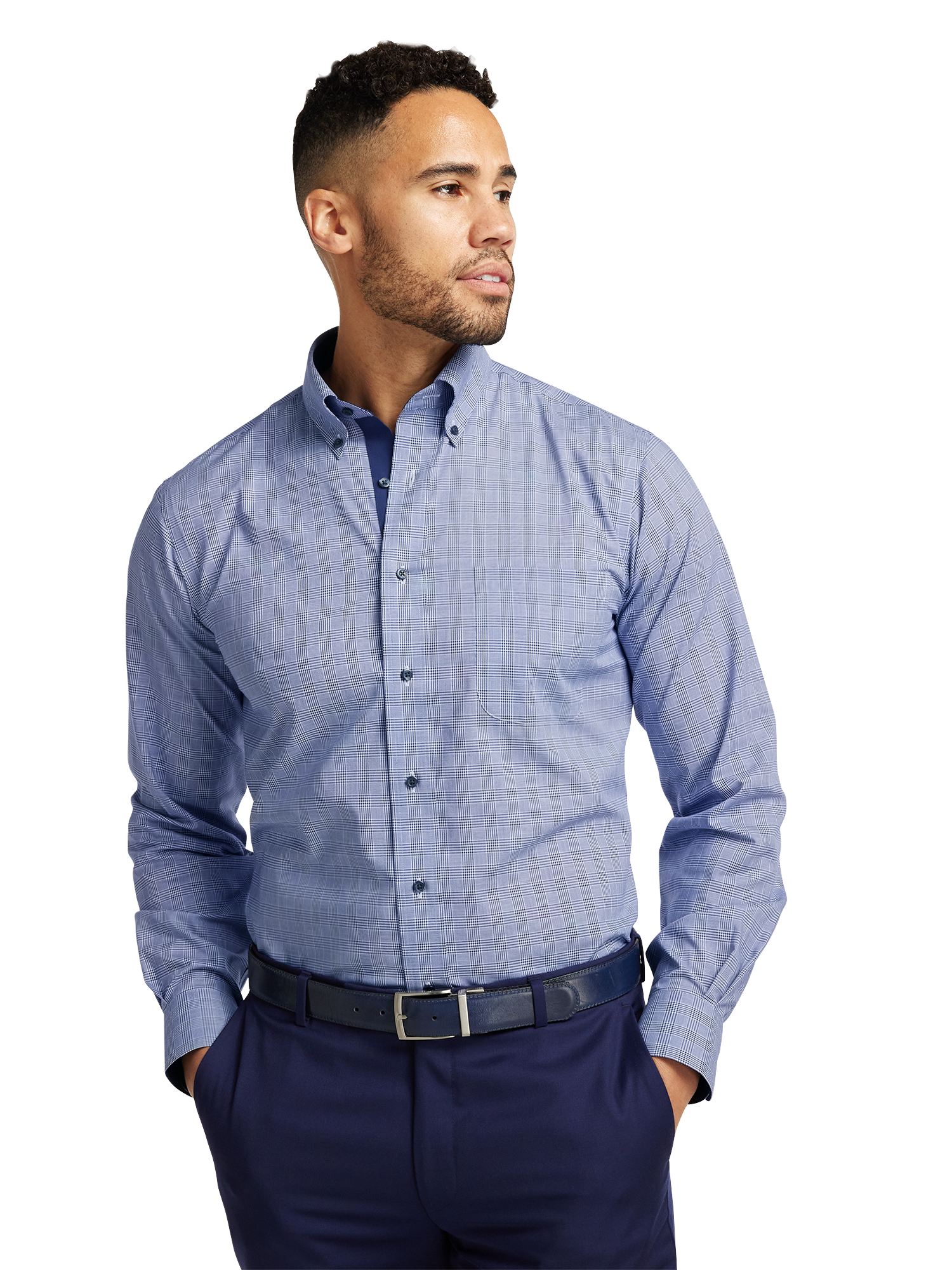 Non-Iron Cotton Plaid Dress Shirt With Contrast Trim - Sodalite