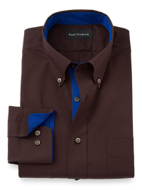 Non-Iron Cotton Solid Dress Shirt With Contrast Trim - Brown