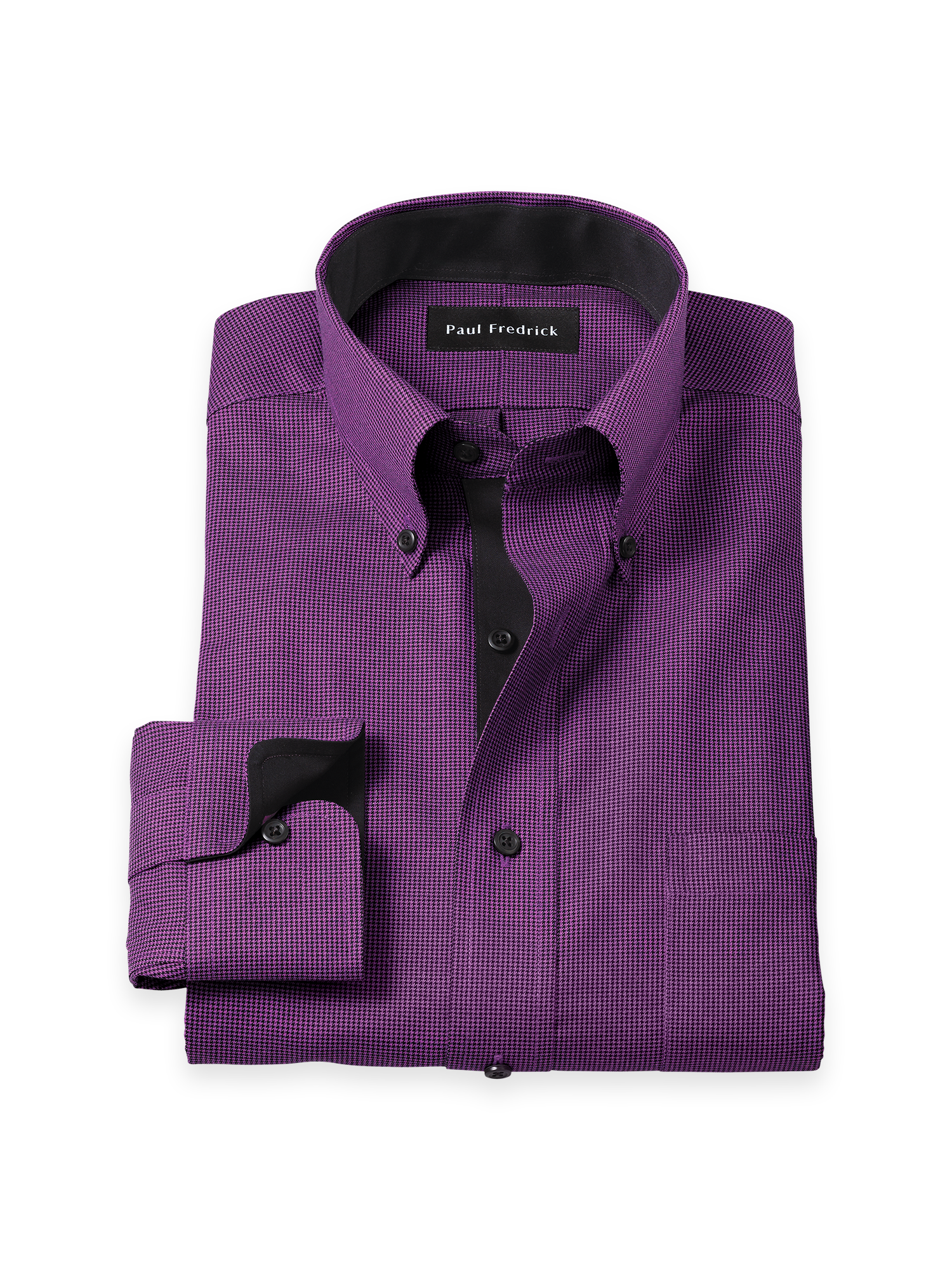 Non-Iron Cotton Houndstooth Dress Shirt With Contrast Trim - Black/purple
