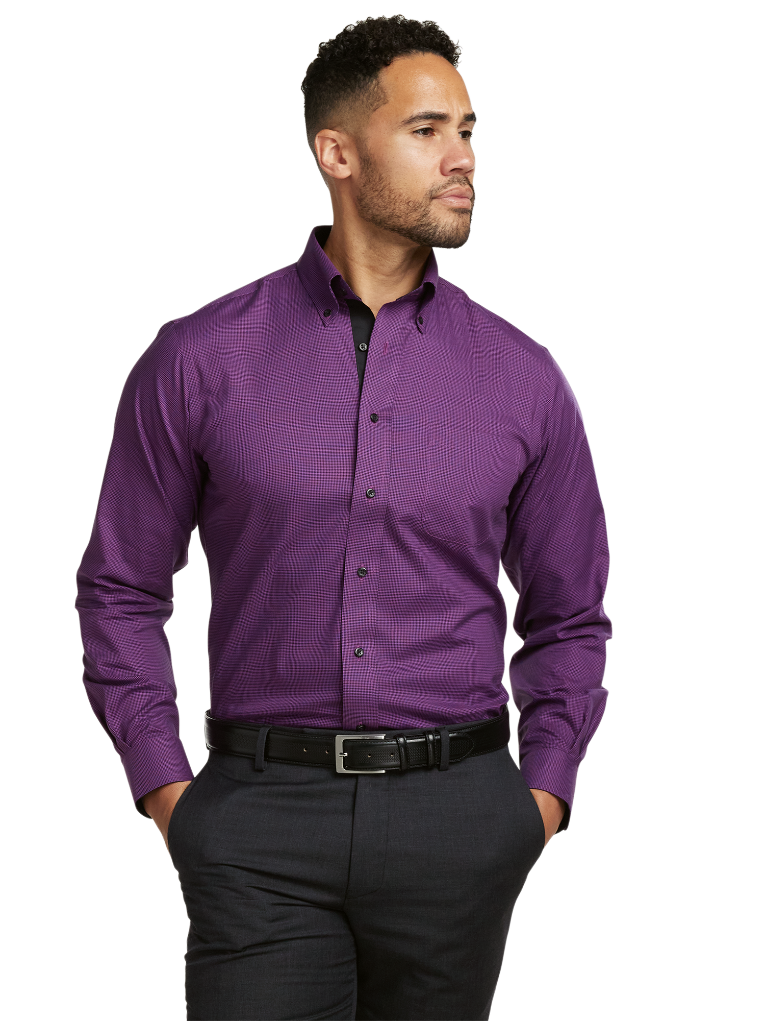 Non-Iron Cotton Houndstooth Dress Shirt With Contrast Trim - Black/purple