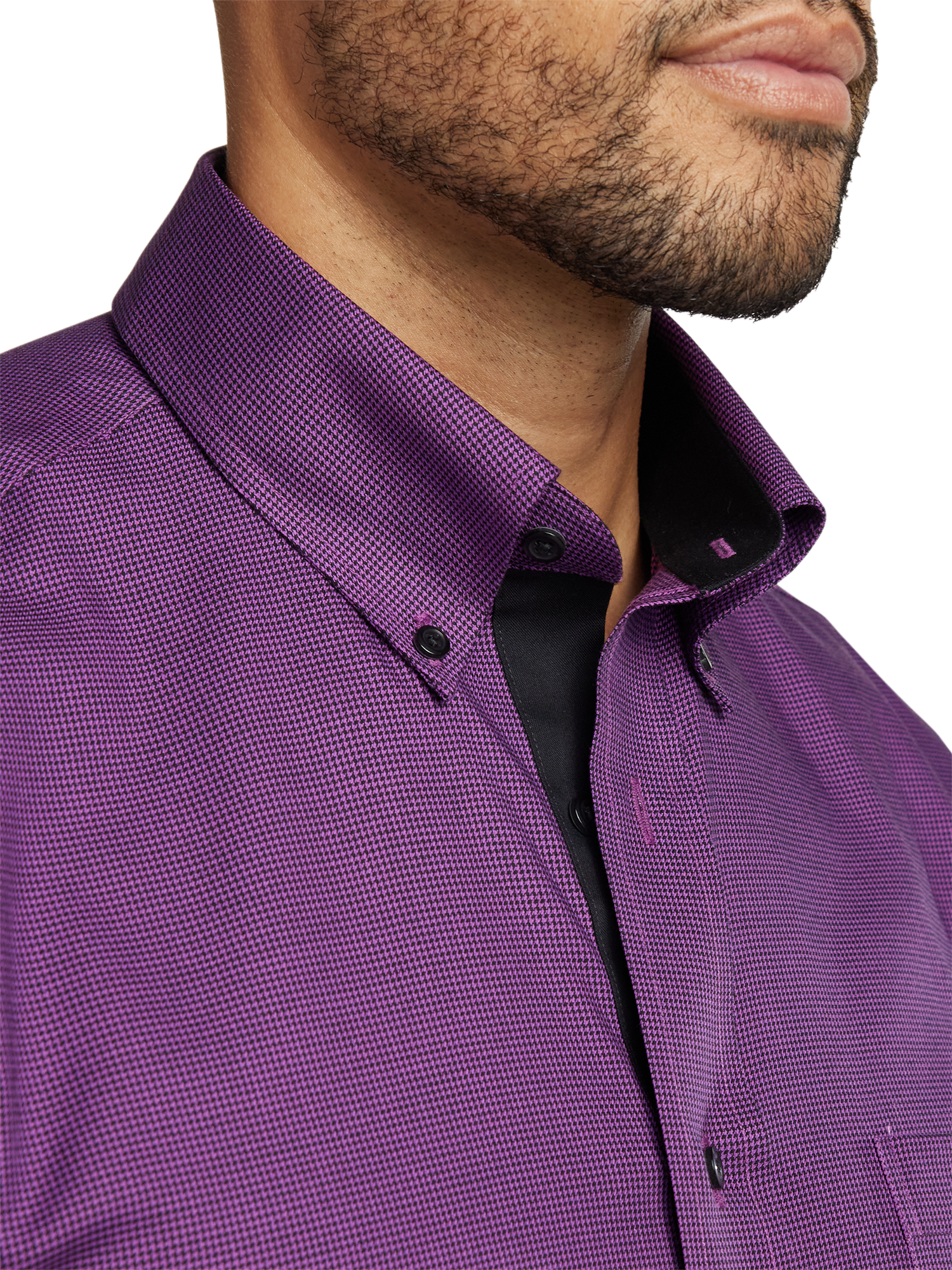 Non-Iron Cotton Houndstooth Dress Shirt With Contrast Trim - Black/purple