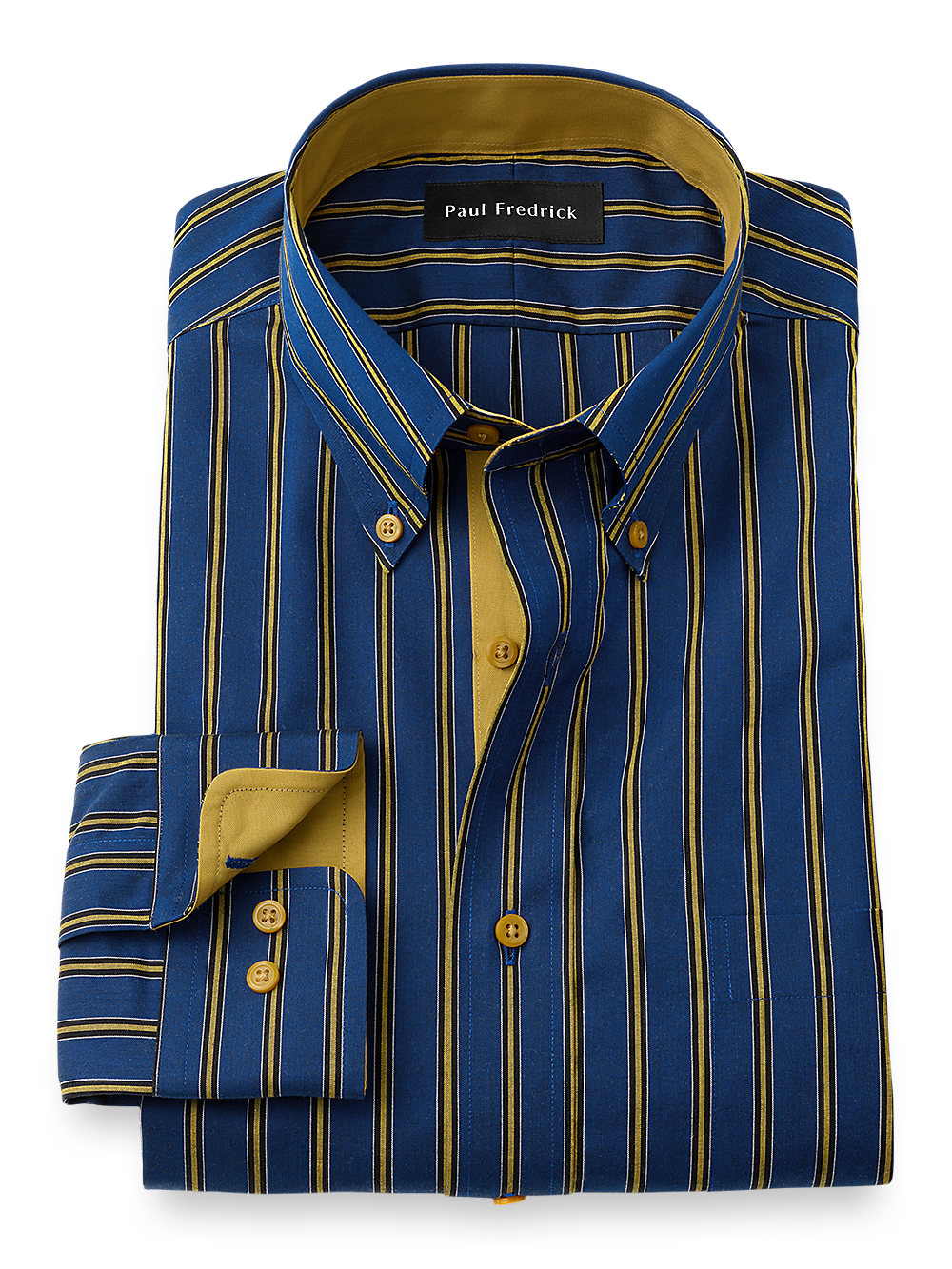 Product Image of Non-iron Cotton Stripe Dress Shirt With Contrast Trim-Navy/Gold
