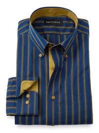 Non-Iron Cotton Stripe Dress Shirt With Contrast Trim - Navy/gold