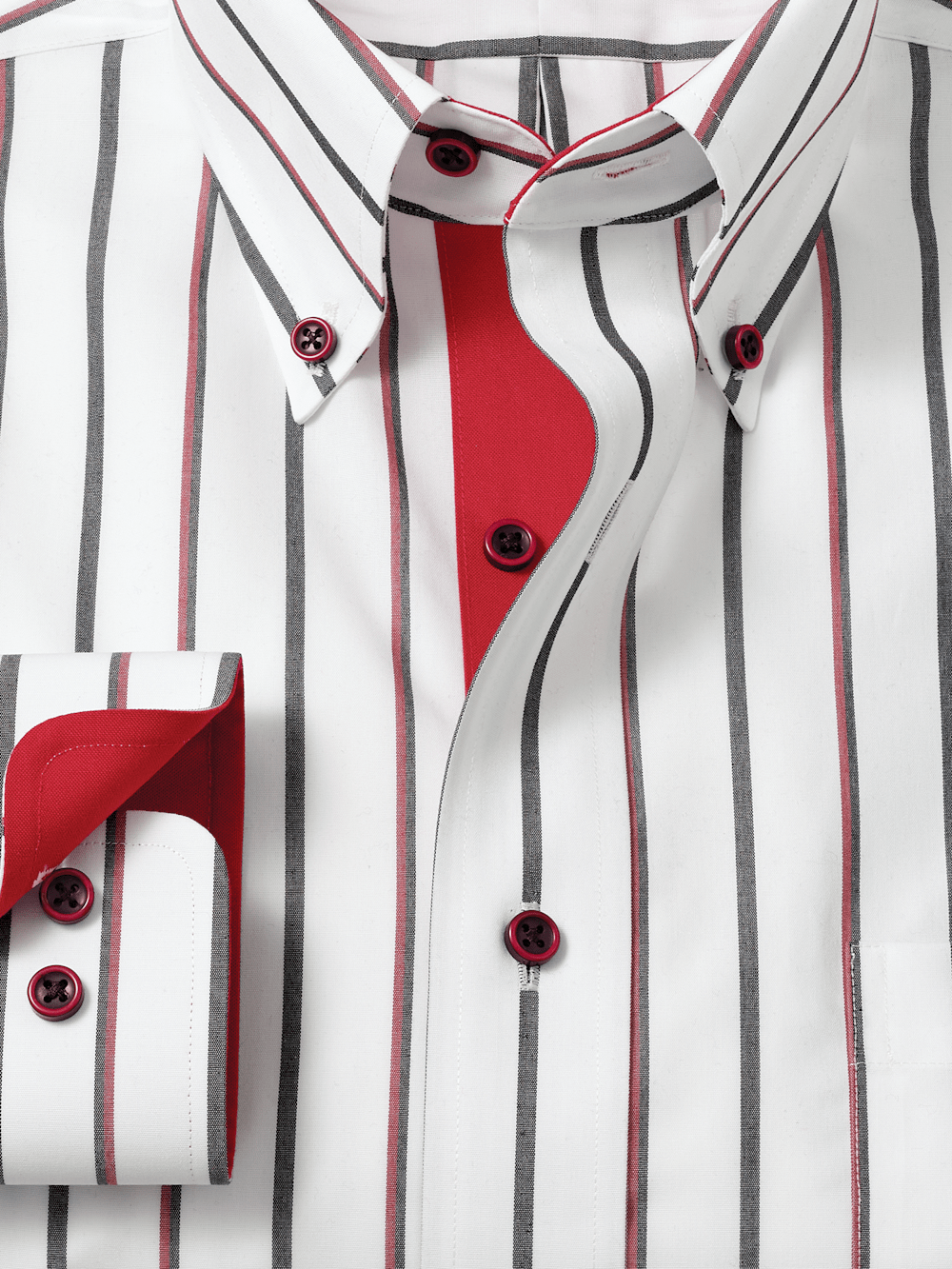 Non-Iron Cotton Stripe Dress Shirt With Contrast Trim - Black/red Paul Fredrick Non-Iron Cotton Stripe Dress Shirt With Contrast Trim - Black/red Paul Fredrick