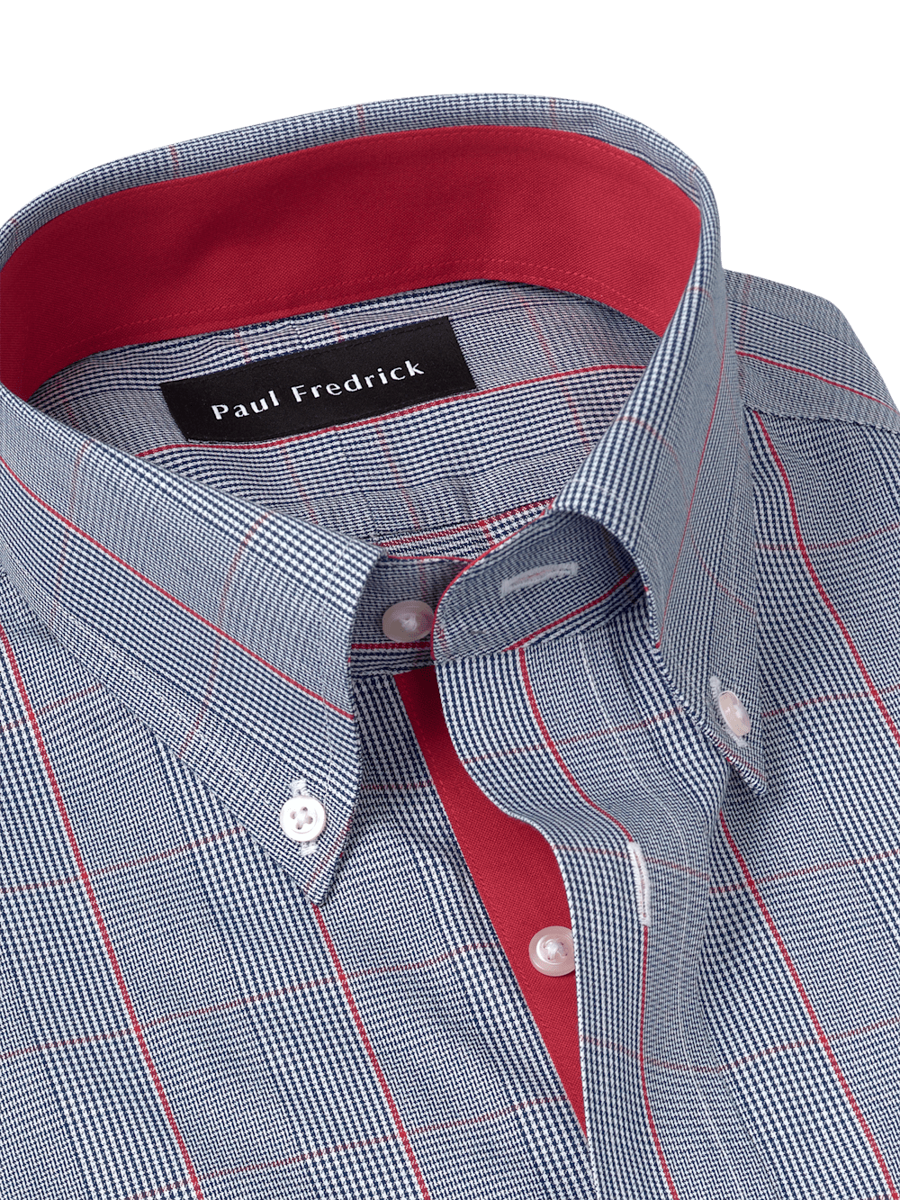 Non-Iron Cotton Glen Plaid Dress Shirt With Contrast Trim - Navy/red Paul Fredrick Non-Iron Cotton Glen Plaid Dress Shirt With Contrast Trim - Navy/red Paul Fredrick