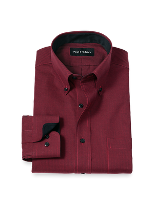 Non-Iron Cotton Houndstooth Dress Shirt With Contrast Trim - Black/red