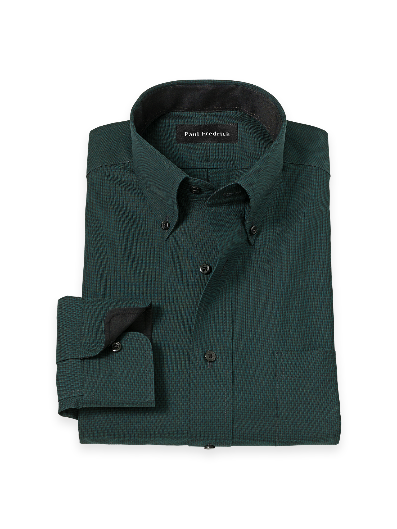 Non-Iron Cotton Houndstooth Dress Shirt With Contrast Trim - Black/green