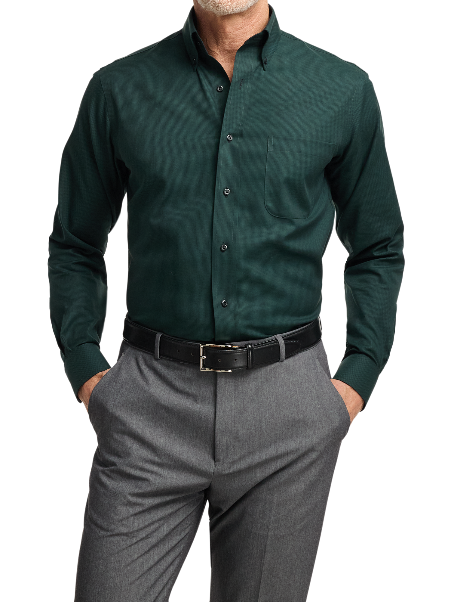 Non-Iron Cotton Houndstooth Dress Shirt With Contrast Trim - Black/green