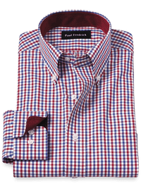Non-Iron Cotton Gingham Dress Shirt With Contrast Trim - Blue/red