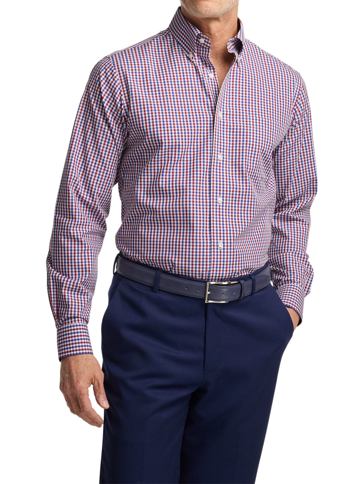 Non-Iron Cotton Gingham Dress Shirt With Contrast Trim - Blue/red