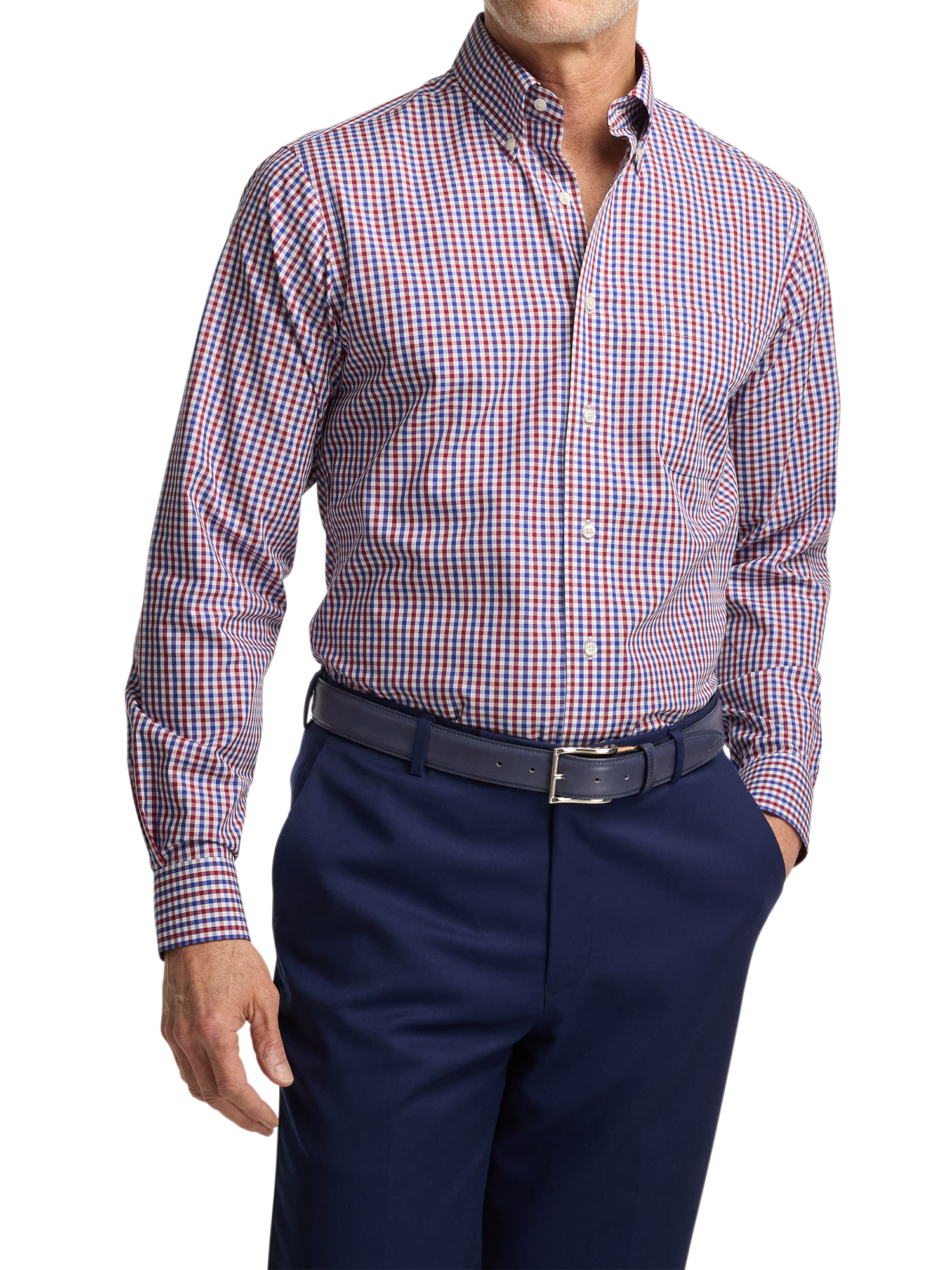 Non-Iron Cotton Gingham Dress Shirt With Contrast Trim - Blue/red
