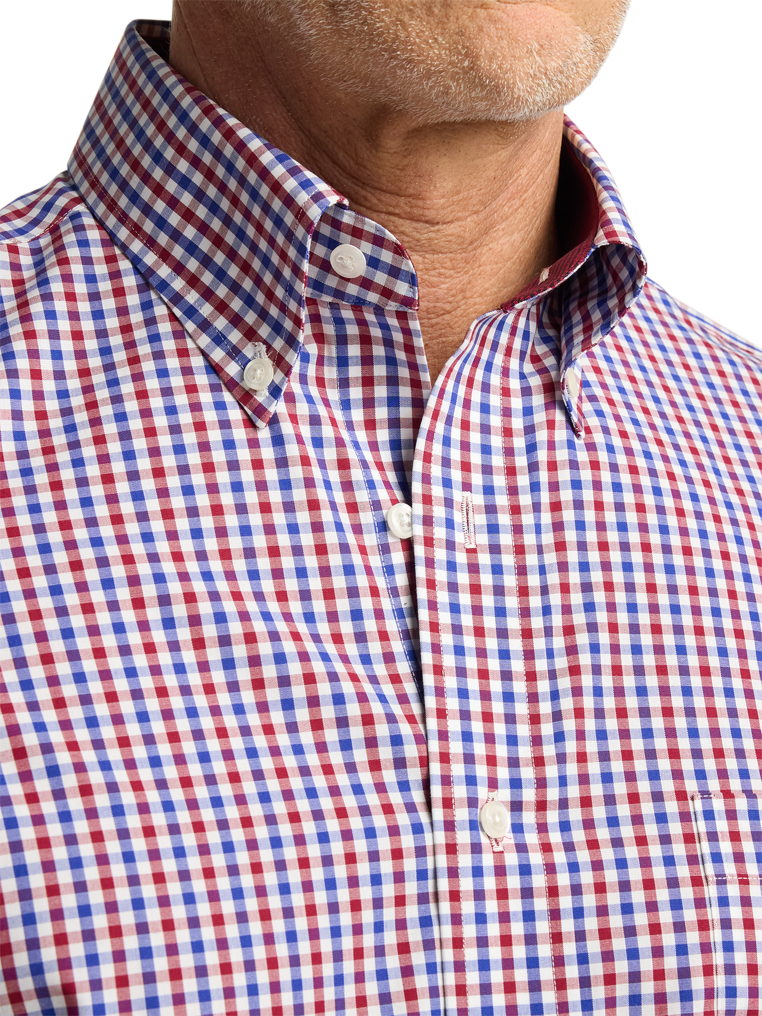 Non-Iron Cotton Gingham Dress Shirt With Contrast Trim - Blue/red