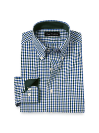 Non-Iron Cotton Gingham Dress Shirt With Contrast Trim - Blue/green