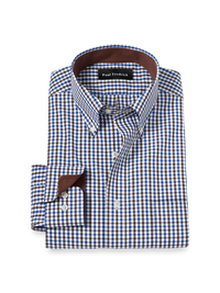 Non-Iron Cotton Gingham Dress Shirt With Contrast Trim - Blue/brown
