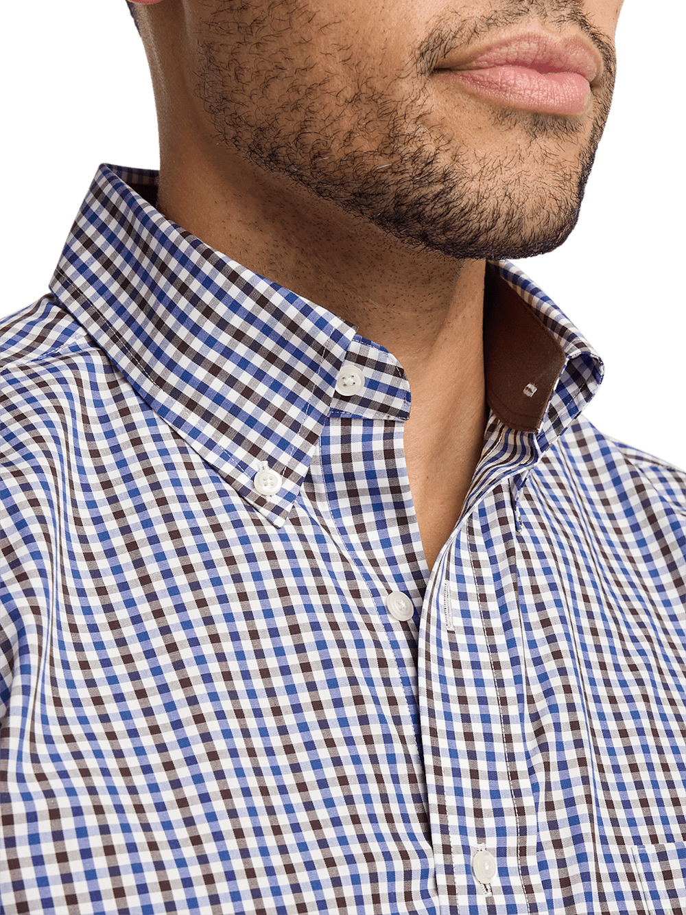 Non-Iron Cotton Gingham Dress Shirt With Contrast Trim - Blue/brown Classic Fit / 17 / 37 Non-Iron Cotton Gingham Dress Shirt With Contrast Trim - Blue/brown Classic Fit / 17 / 37