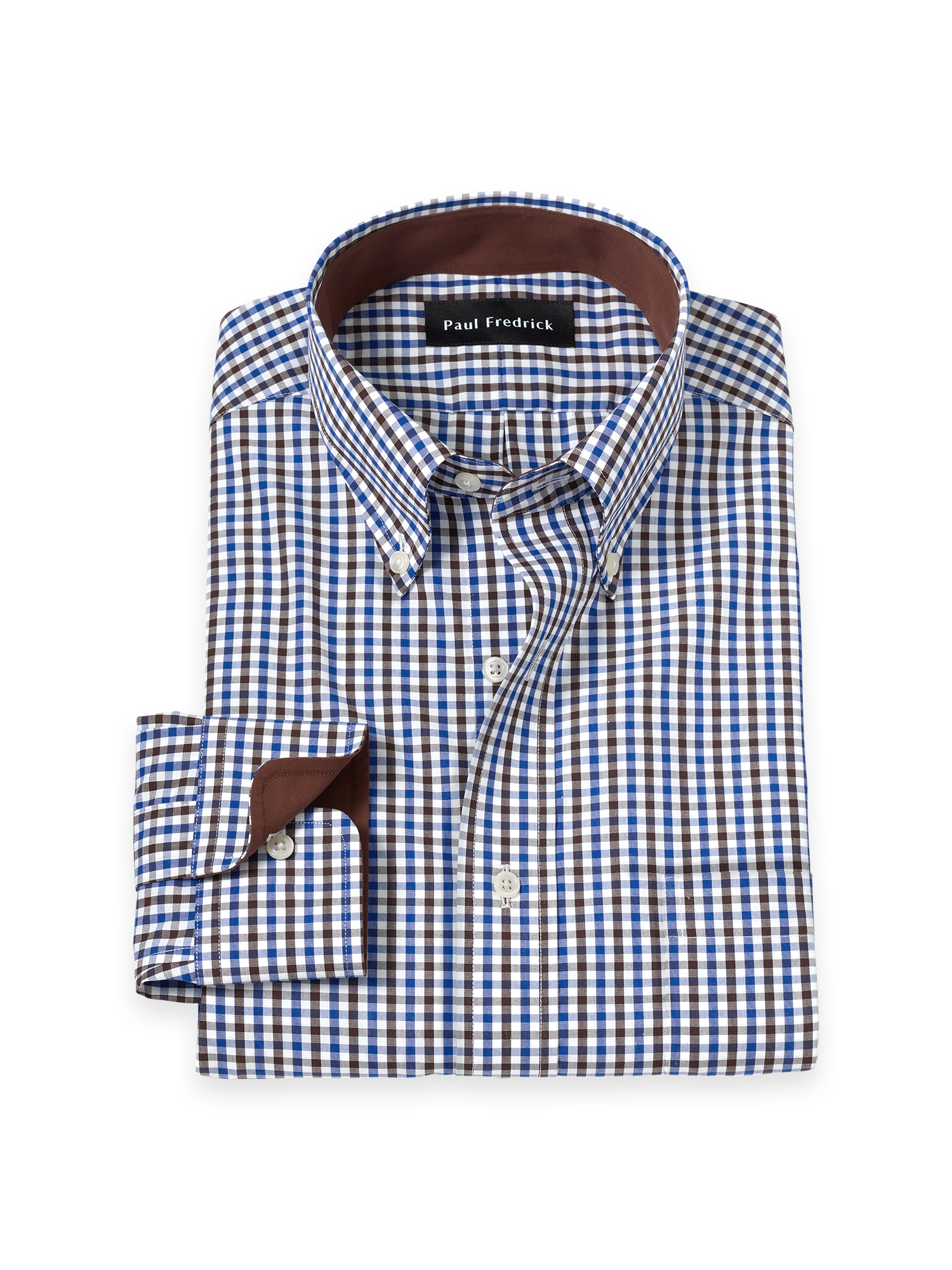 Non-Iron Cotton Gingham Dress Shirt With Contrast Trim - Blue/brown