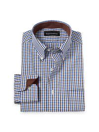 Non-Iron Cotton Gingham Dress Shirt With Contrast Trim - Blue/brown