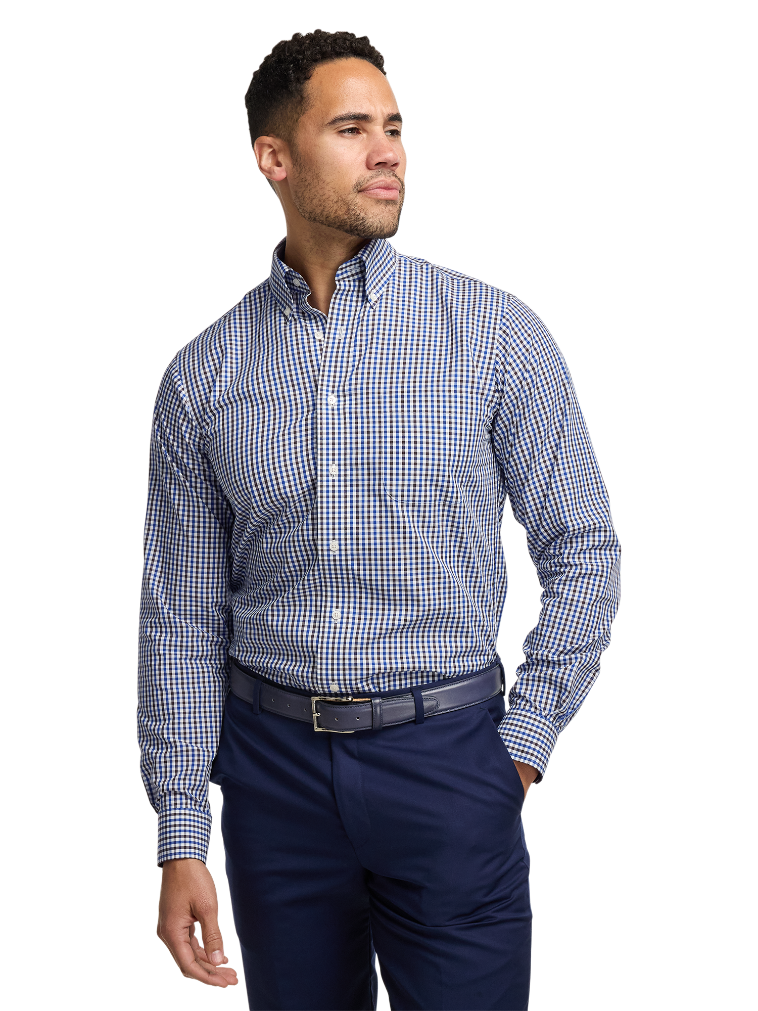 Non-Iron Cotton Gingham Dress Shirt With Contrast Trim - Blue/brown