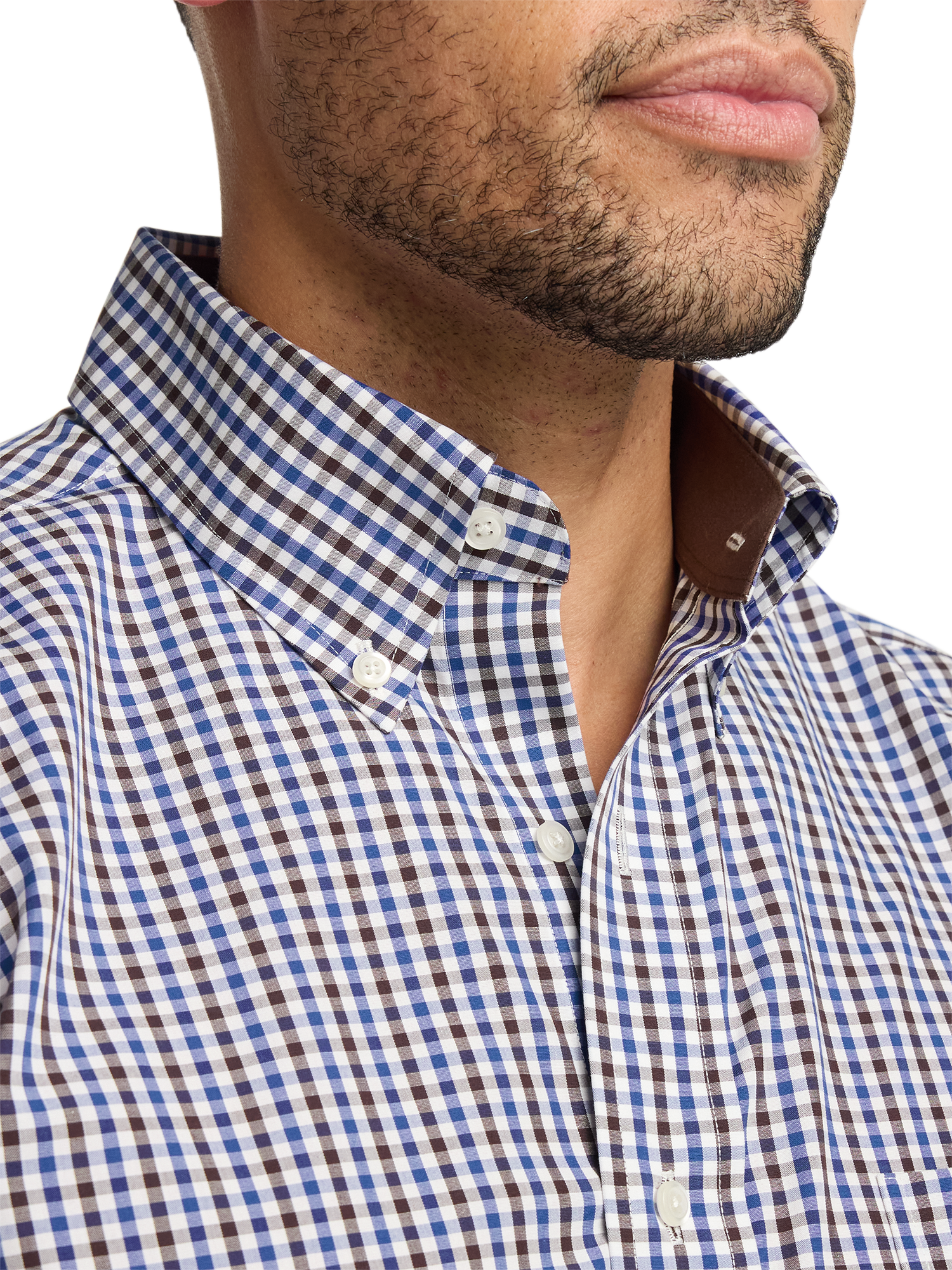 Non-Iron Cotton Gingham Dress Shirt With Contrast Trim - Blue/brown