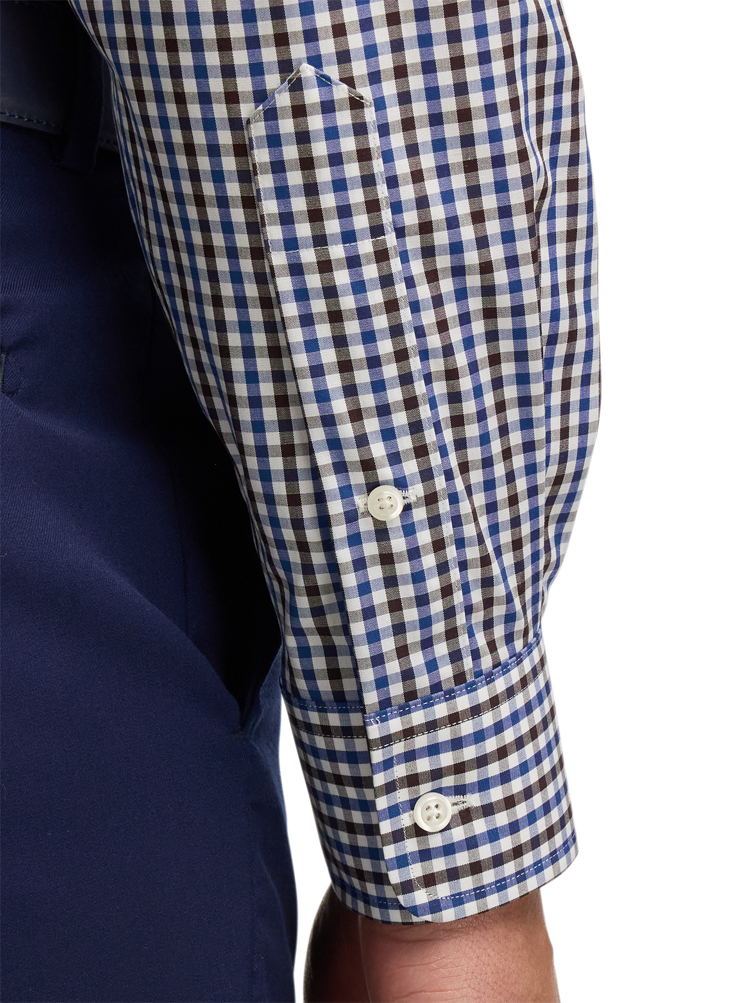 Non-Iron Cotton Gingham Dress Shirt With Contrast Trim - Blue/brown