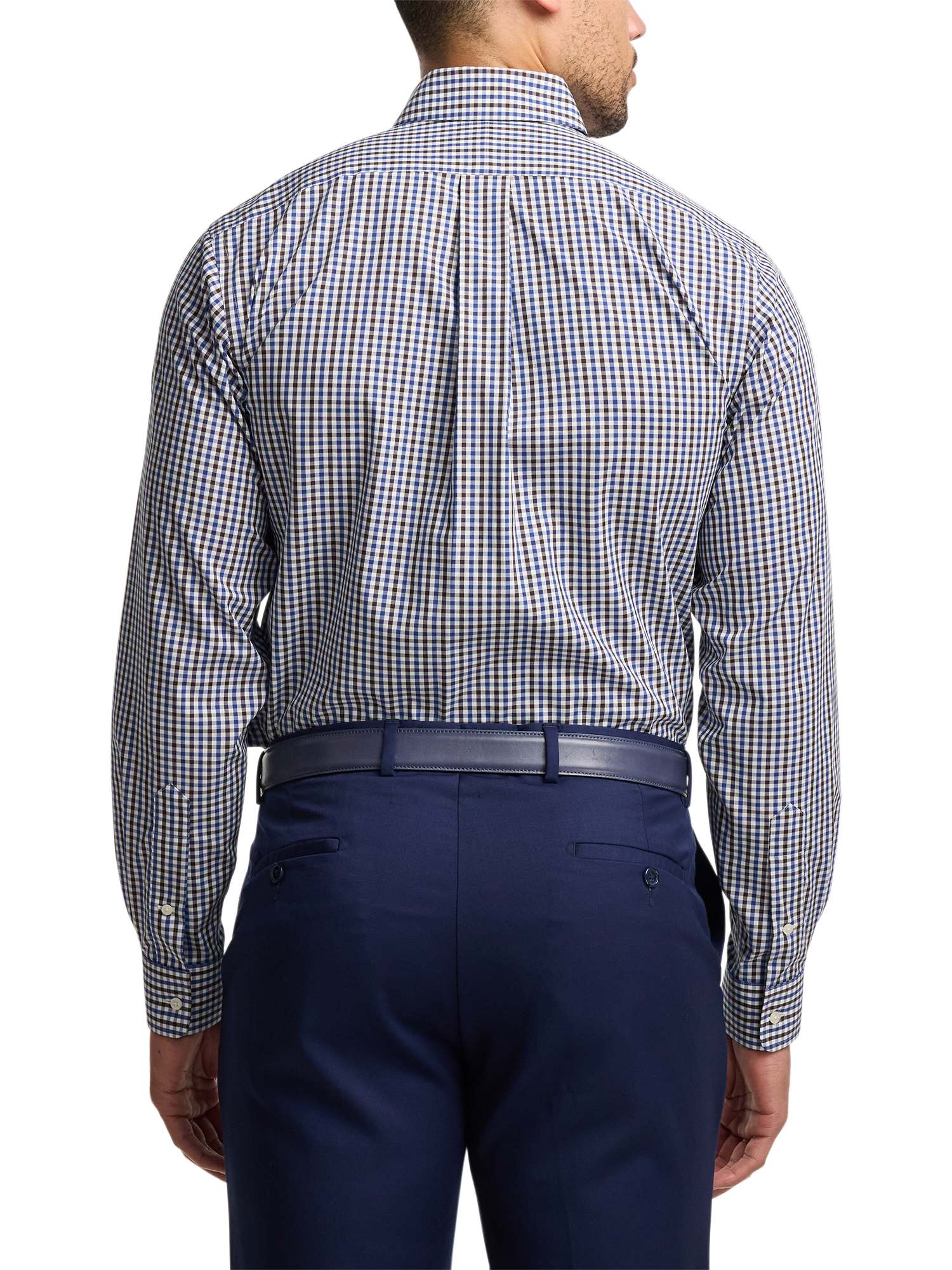 Non-Iron Cotton Gingham Dress Shirt With Contrast Trim - Blue/brown