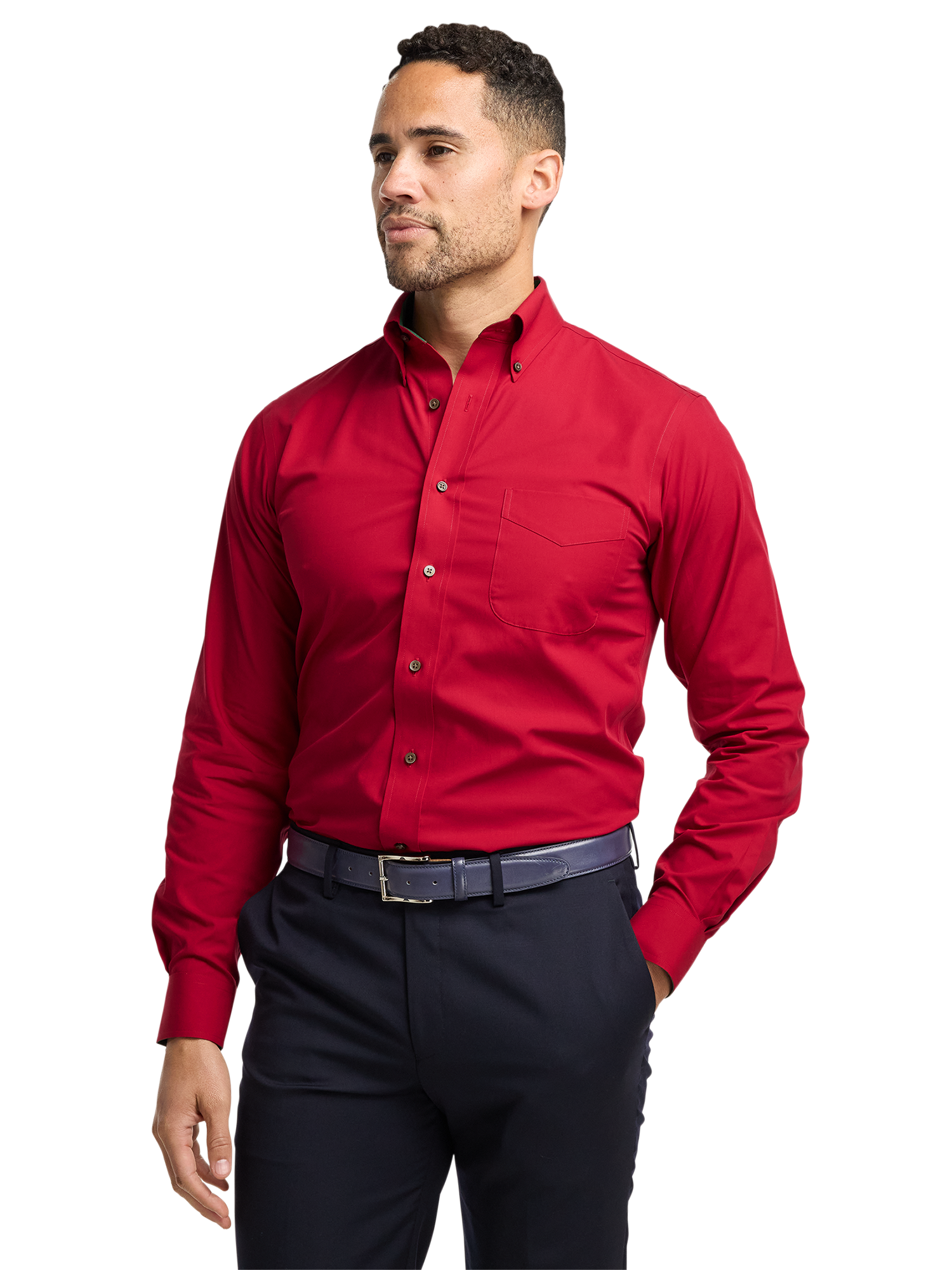 Non-Iron Cotton Solid Dress Shirt With Contrast Trim - Red