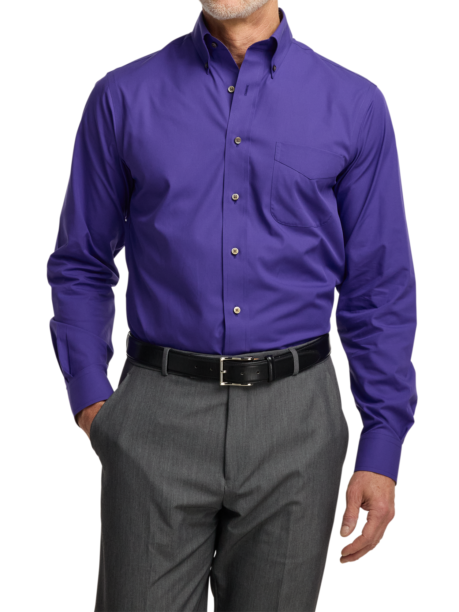Non-Iron Cotton Solid Dress Shirt With Contrast Trim - Purple