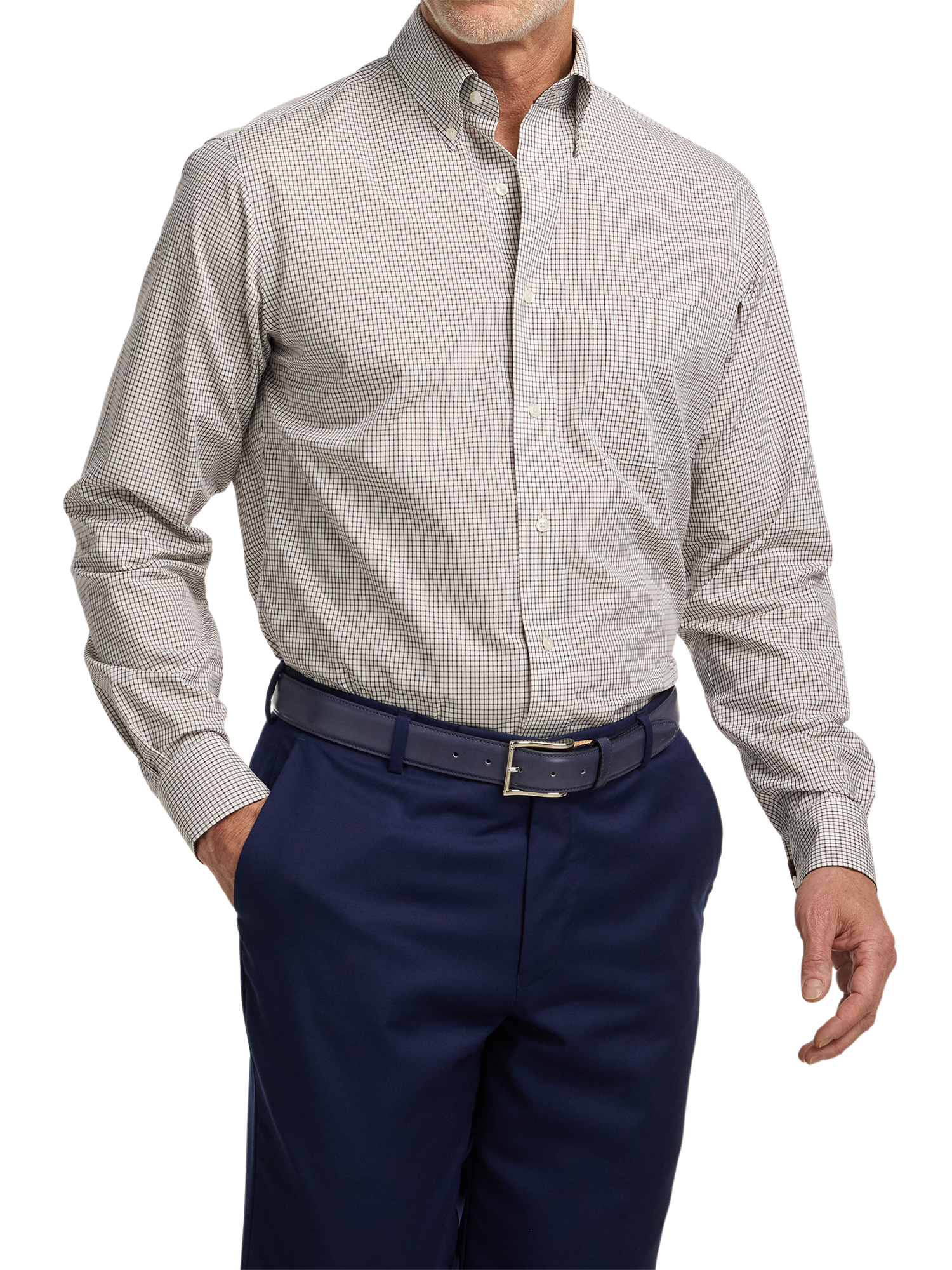 Non-Iron Cotton Check Dress Shirt With Contrast Trim - Brown/white