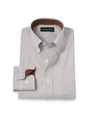 Non-Iron Cotton Check Dress Shirt With Contrast Trim - Brown/white