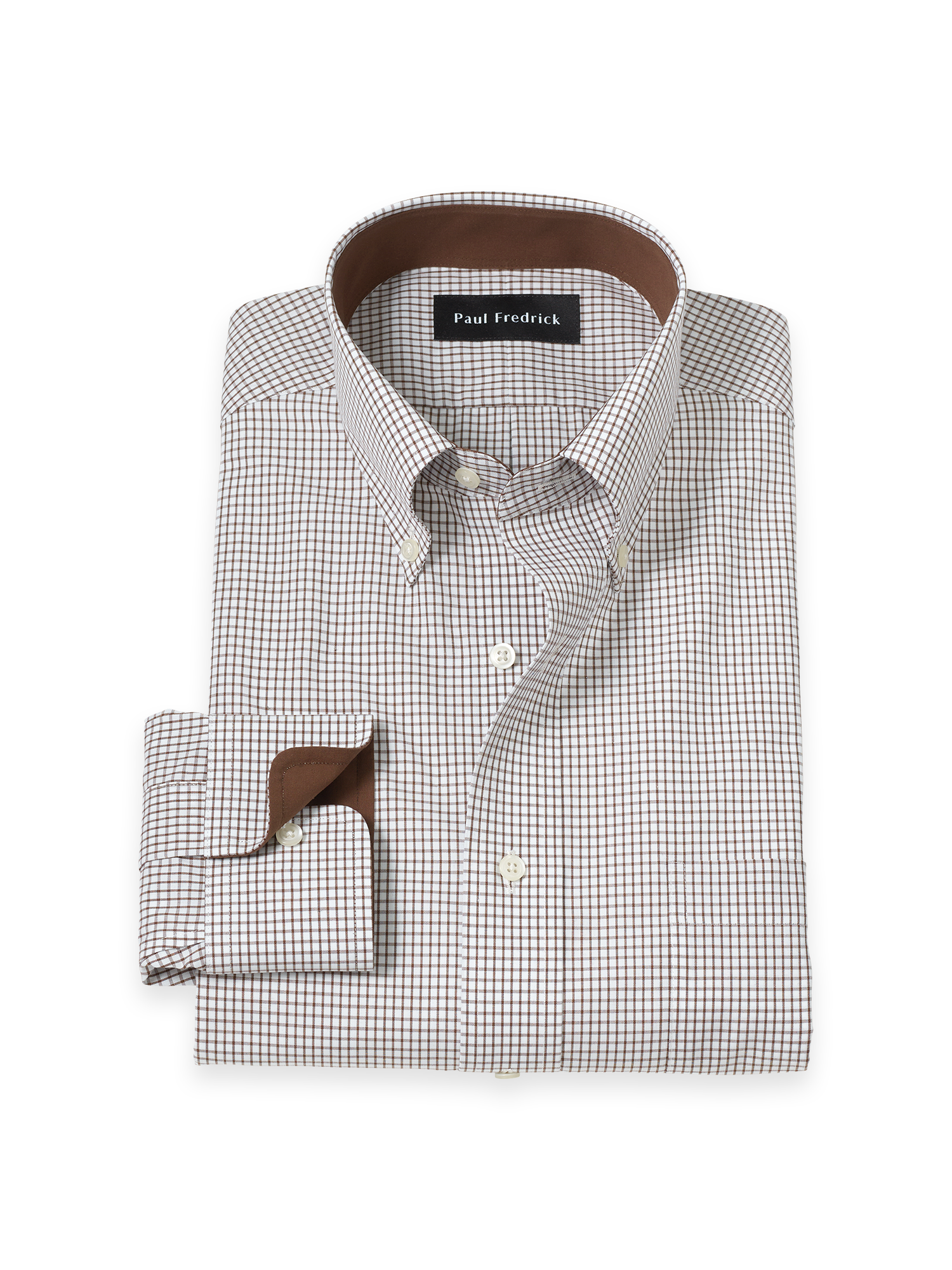 Non-Iron Cotton Check Dress Shirt With Contrast Trim - Brown/white