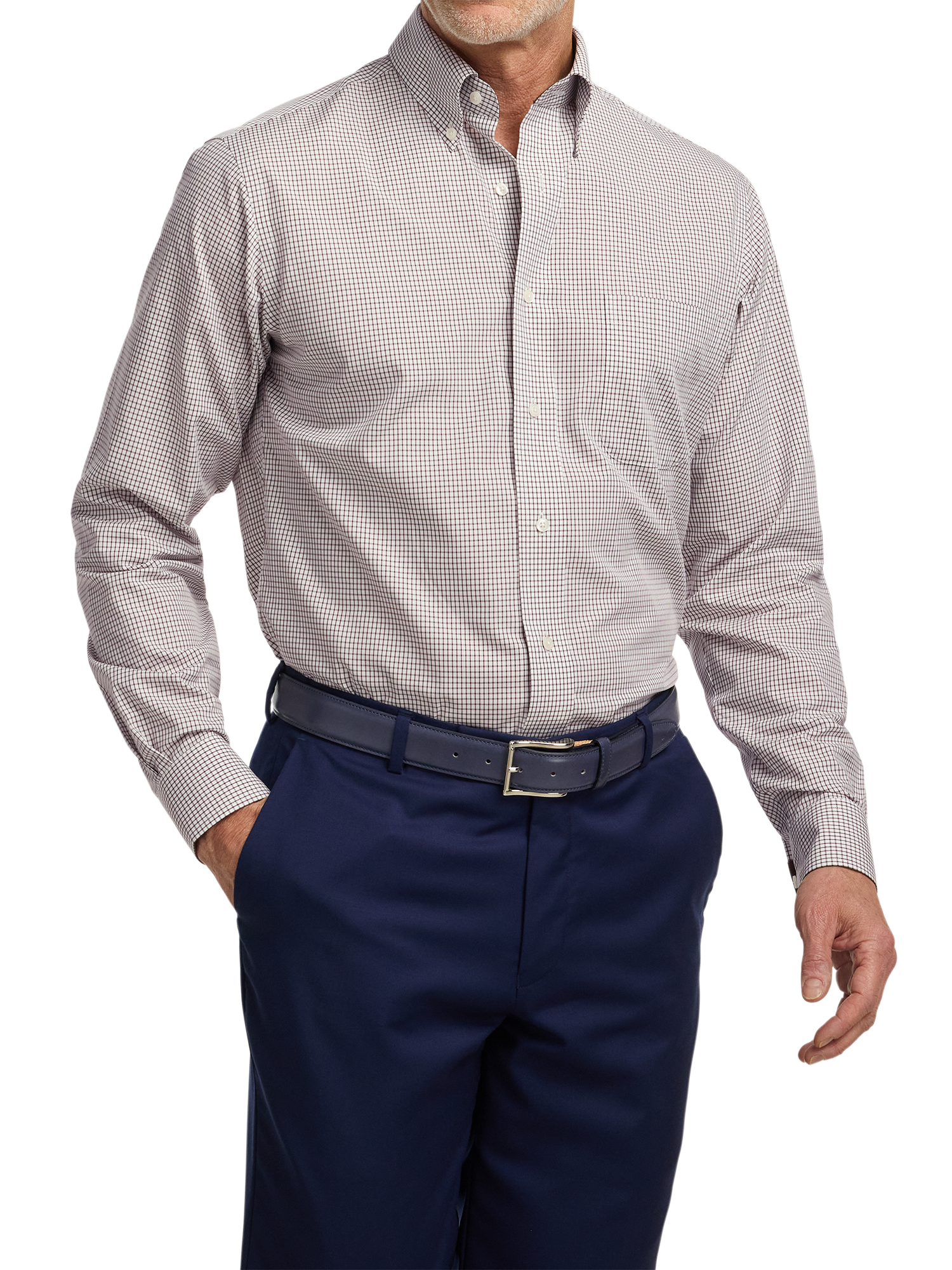 Non-Iron Cotton Check Dress Shirt With Contrast Trim - Brown/white