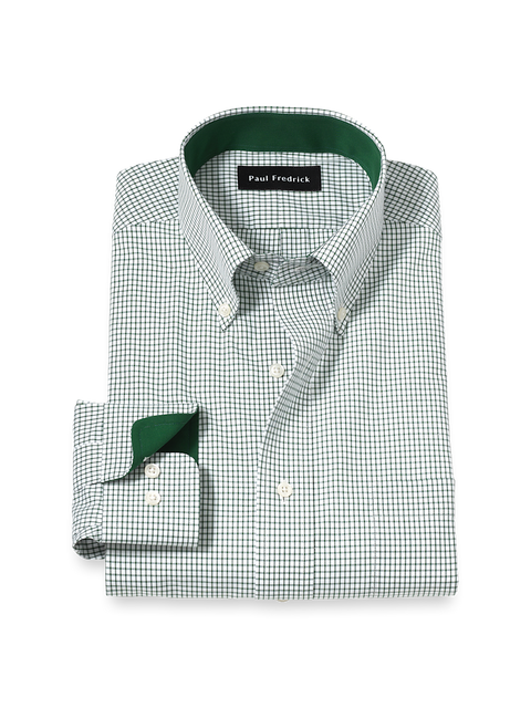 Non-Iron Cotton Check Dress Shirt With Contrast Trim - Green/white Slim Fit / 15 / 32 Non-Iron Cotton Check Dress Shirt With Contrast Trim - Green/white Slim Fit / 15 / 32