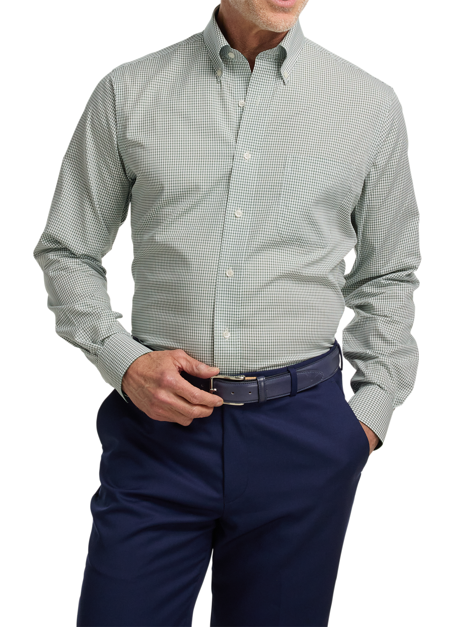 Non-Iron Cotton Check Dress Shirt With Contrast Trim - Green/white