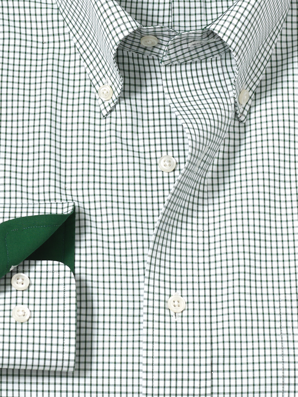 Non-Iron Cotton Check Dress Shirt With Contrast Trim - Green/white Slim Fit / 15 / 32 Non-Iron Cotton Check Dress Shirt With Contrast Trim - Green/white Slim Fit / 15 / 32