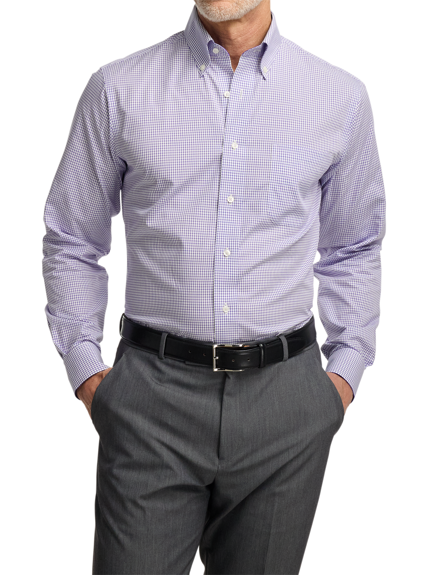 Non-Iron Cotton Check Dress Shirt With Contrast Trim - Purple/white