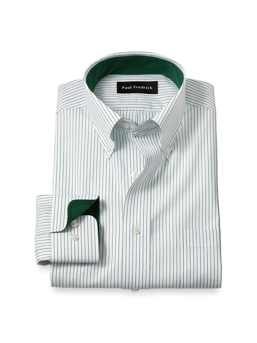 paul fredrick men's classic fit non-iron cotton stripe dress shirt With Contrast Trim - Green Size:EU 41 / US 8