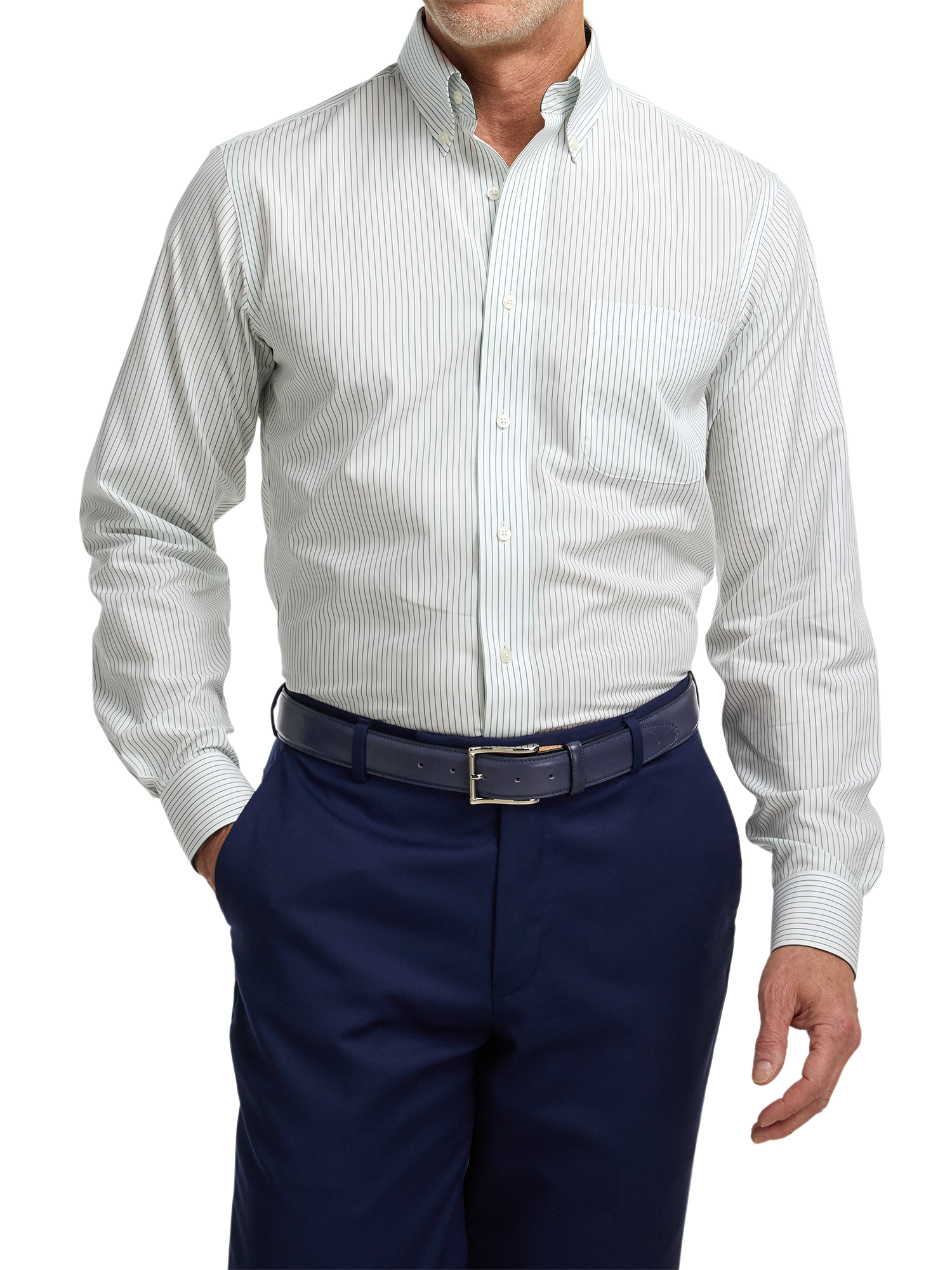 Non-Iron Cotton Stripe Dress Shirt With Contrast Trim - Green