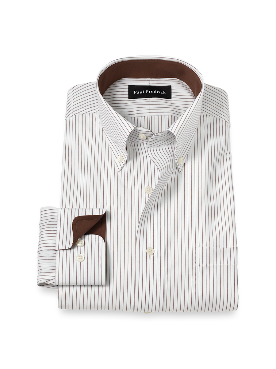 white dress shirt with brown stripes Non-Iron Cotton Stripe Contrast Trim this brown