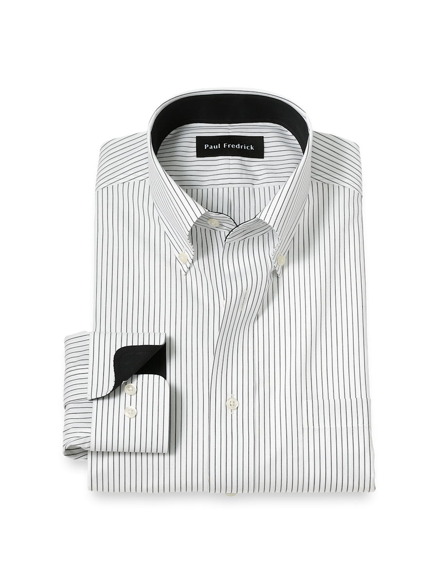 paul fredrick men's classic fit non-iron cotton stripe dress shirt With Contrast Trim Color:French Navy