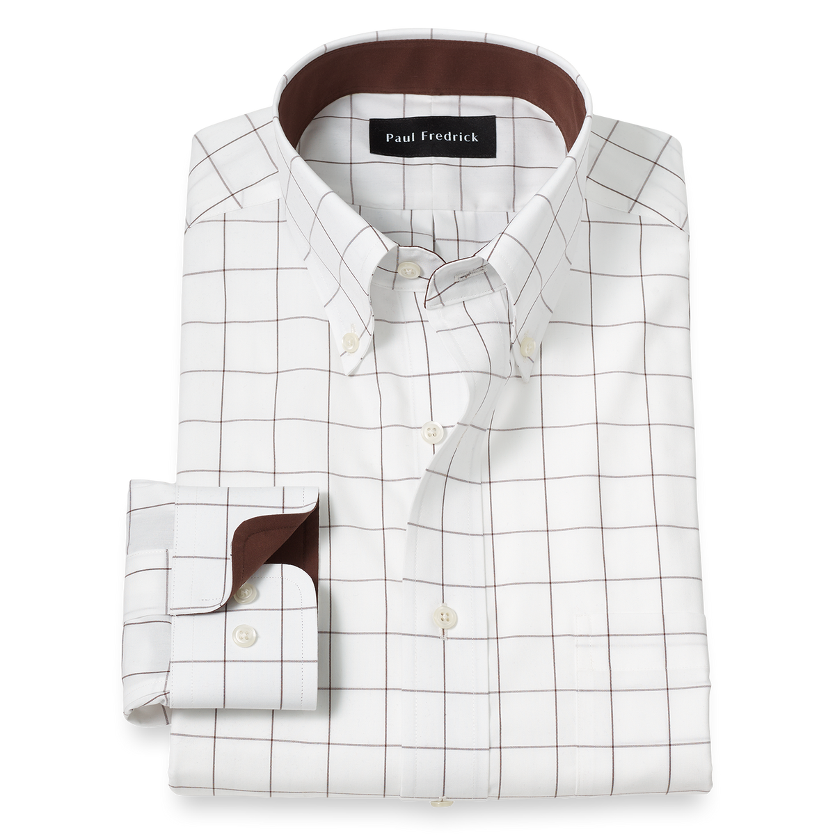 Non-Iron Cotton Windowpane Dress Shirt With Contrast Trim - Brown