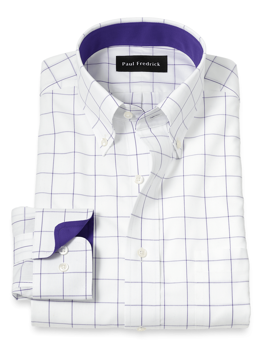 Paul Fredrick Shirt Mens 18x35 Blue Windowpane Classic Fit Non Iron Cotton