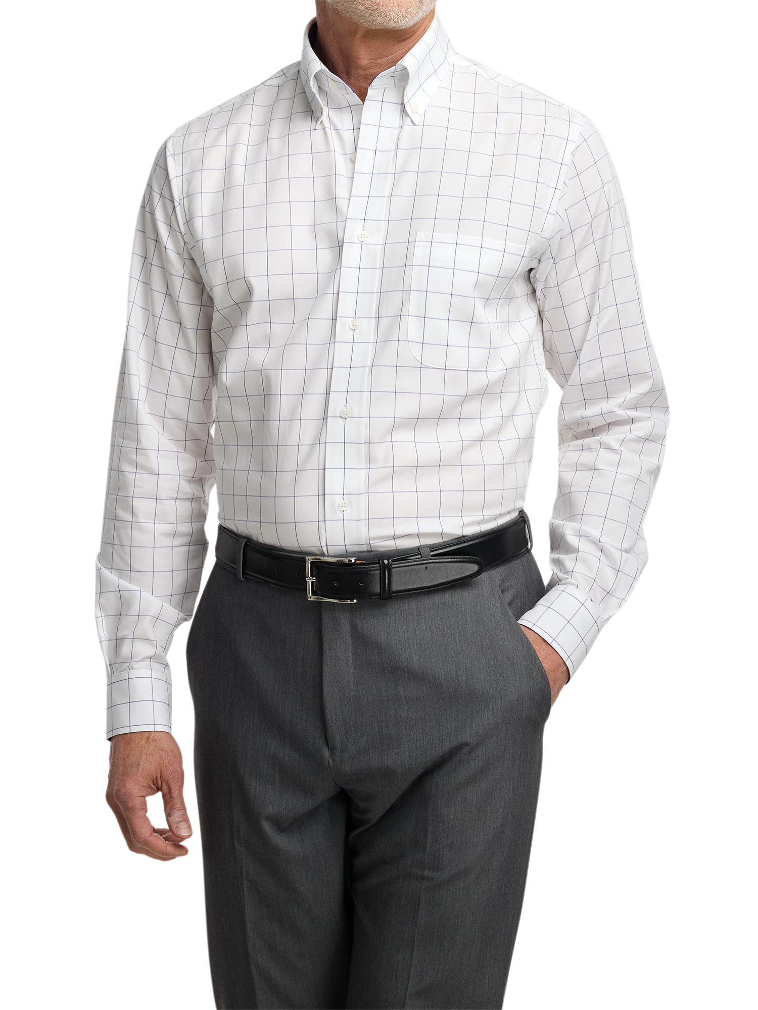 Non-Iron Cotton Windowpane Dress Shirt With Contrast Trim - Purple