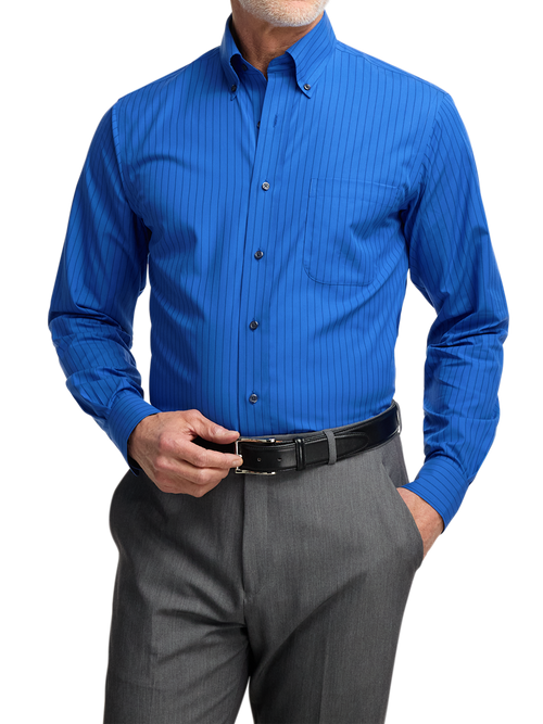 Non-Iron Cotton Stripe Dress Shirt With Contrast Trim - Blue